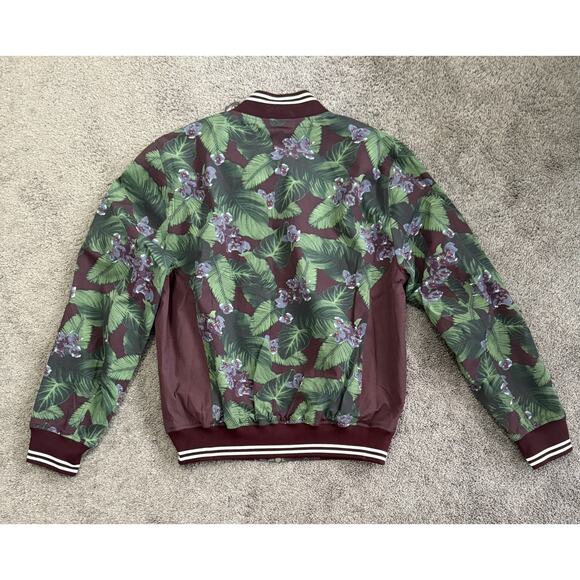 GSTQ Jacket Mens Small Burgundy Green Floral Bomber MSRP $349Lightweight Zip Up - Picture 2 of 10